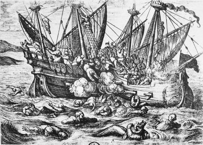 propaganda-print-depicting-huguenot-aggression-against-catholics-at-sea-horribles-cruautes-des-huguenots-16th-century